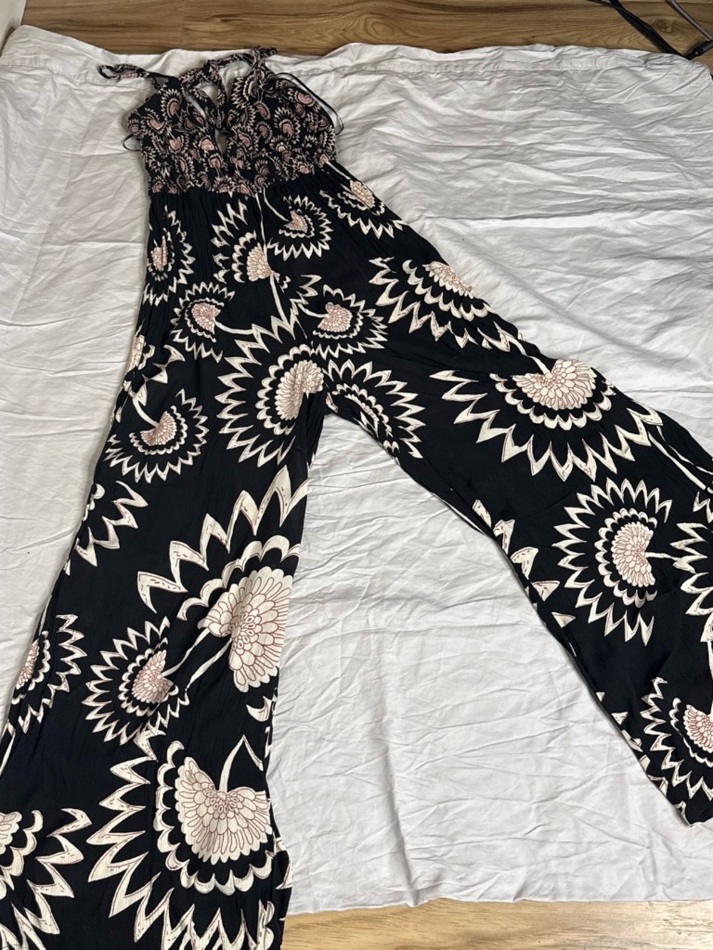 Angie Black Jumpsuit with Cream Floral Sunburst Print